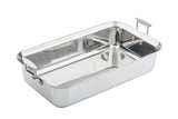 A shiny, rectangular Tri-Ply Serving Pan with two wide handles on opposite short sides. This induction safe pan features smooth, reflective stainless steel surfaces and rounded edges, sitting empty on a plain white background.