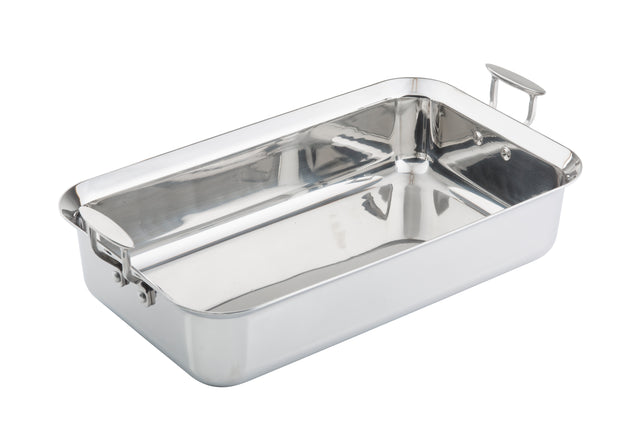 A shiny, rectangular Tri-Ply Serving Pan with two wide handles on opposite short sides. This induction safe pan features smooth, reflective stainless steel surfaces and rounded edges, sitting empty on a plain white background.