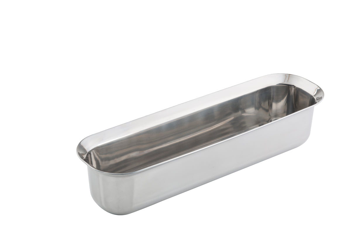 A rectangular, Tri-Ply Serving Pan with rounded corners and smooth edges, positioned on a white background. The induction-compatible stainless steel interior is shiny and reflective, and the sides are slightly flared outward.