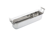 A rectangular Tri-Ply Serving Pan with tall sides, rounded corners, and sturdy handles on each end. Crafted from stainless steel, its shiny, reflective surface is induction compatible and set against a white background.
