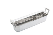 A rectangular Tri-Ply Serving Pan with tall sides, rounded corners, and sturdy handles on each end. Crafted from stainless steel, its shiny, reflective surface is induction compatible and set against a white background.