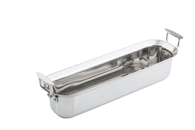 A rectangular Tri-Ply Serving Pan with tall sides, rounded corners, and sturdy handles on each end. Crafted from stainless steel, its shiny, reflective surface is induction compatible and set against a white background.