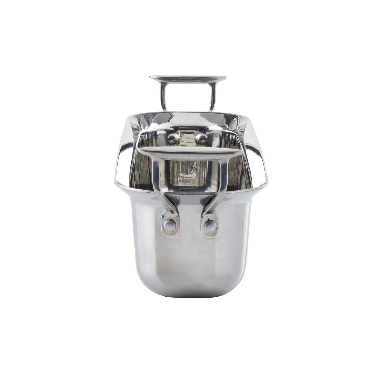 A shiny, stainless steel kitchen utensil with a cylindrical base and two handles on either side. It features a flat tamper and strainer attachment on top, photographed against a plain white background.