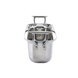 A shiny, stainless steel kitchen utensil with a cylindrical base and two handles on either side. It features a flat tamper and strainer attachment on top, photographed against a plain white background.