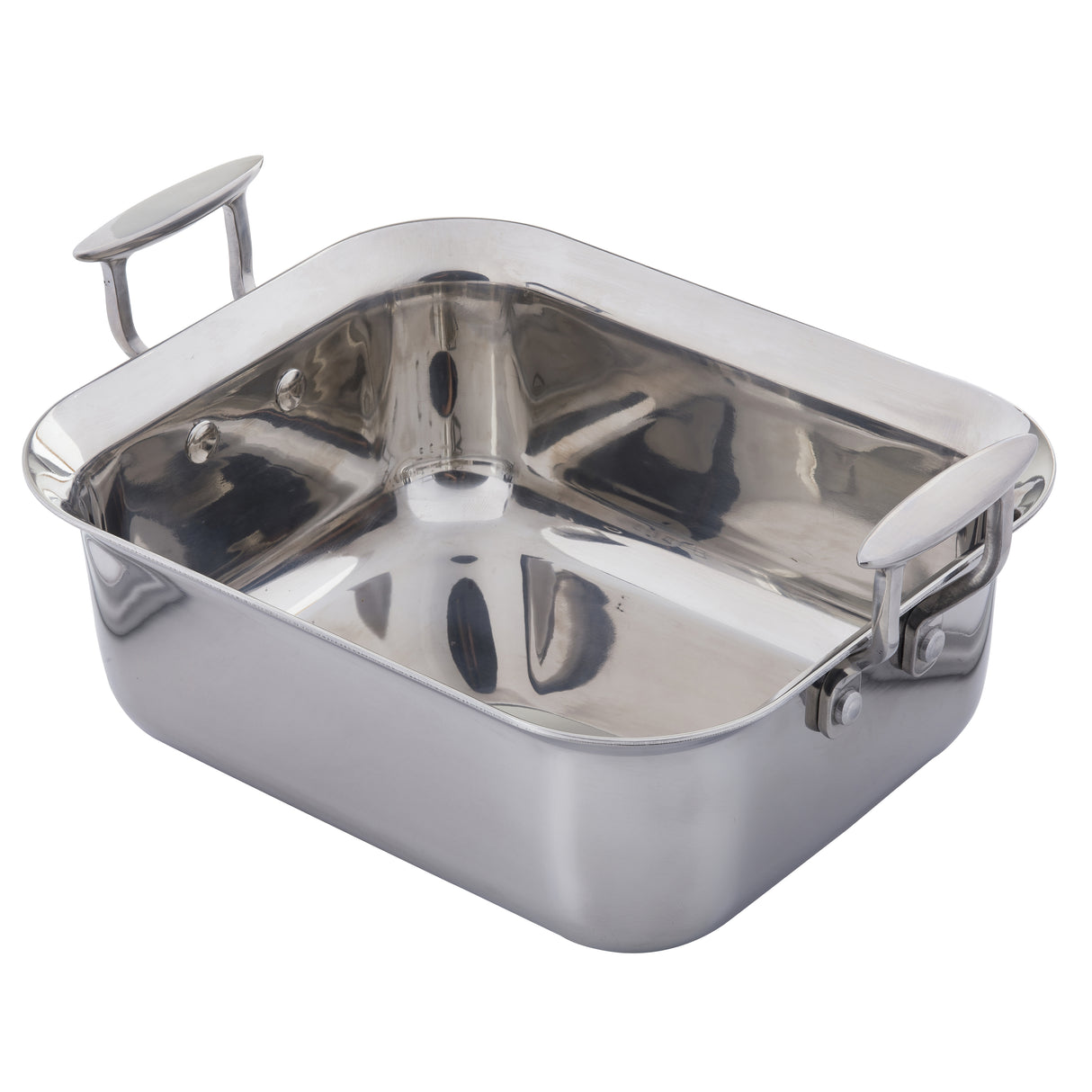 A shiny, rectangular Tri-Ply Serving Pan with rounded edges and two wide, sturdy handles on opposite sides. The smooth, stainless steel surface is reflective and clean, set empty against a plain white background.