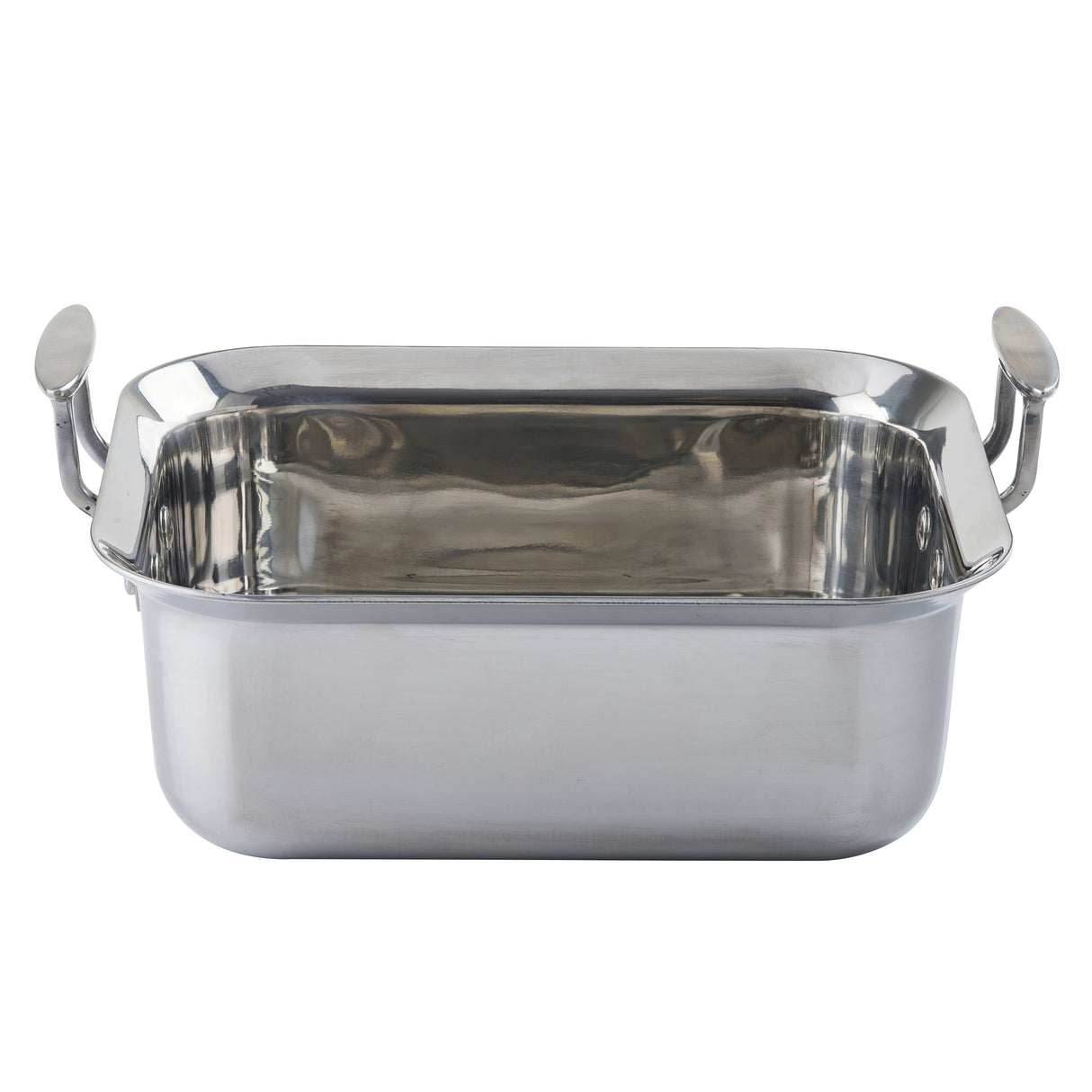 A rectangular, shiny Tri-Ply Serving Pan with rounded edges and two sturdy, upward-curving handles on each short side. The stainless steel serving pan is empty and sits on a white background, reflecting light on its smooth surface.