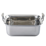 A rectangular, shiny Tri-Ply Serving Pan with rounded edges and two sturdy, upward-curving handles on each short side. The stainless steel serving pan is empty and sits on a white background, reflecting light on its smooth surface.