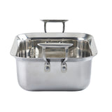 A shiny stainless steel serving pan with two large, sturdy handles and a smaller handle on the lid, shown against a plain white background. The pot’s reflective surface highlights its clean, modern design and induction-ready versatility.