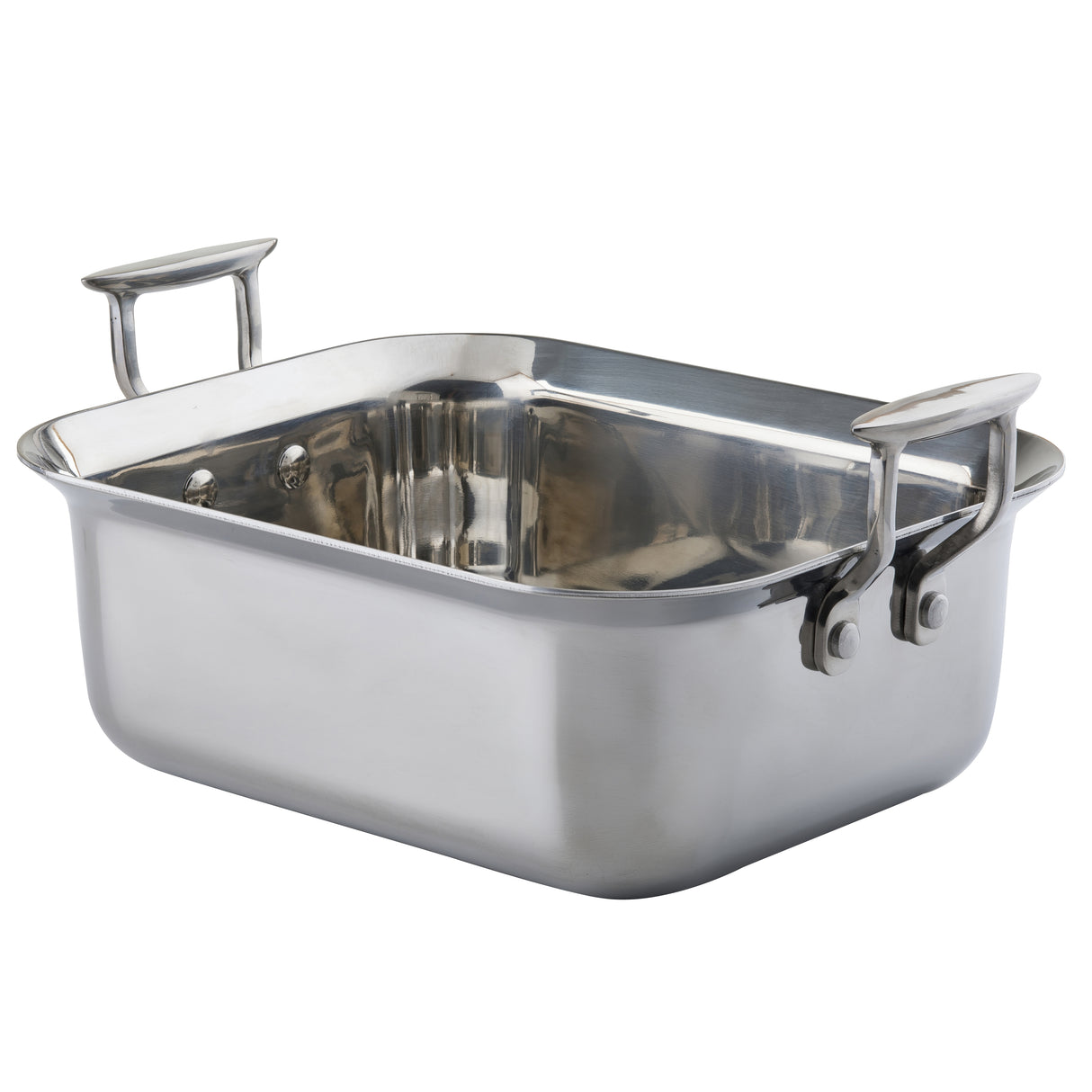 A shiny, rectangular stainless steel serving pan with tall, straight sides and two sturdy, wide handles at each end. The smooth, reflective surface of this induction serving pan is empty and set against a plain white background.