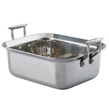 A shiny, rectangular stainless steel serving pan with tall, straight sides and two sturdy, wide handles at each end. The smooth, reflective surface of this induction serving pan is empty and set against a plain white background.