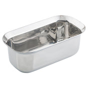 A shiny, rectangular stainless steel tray with rounded edges and high sides. This Tri-Ply Serving Pan features a reflective, smooth surface and is induction compatible. Its slightly flared edges stand out against a plain white background.
