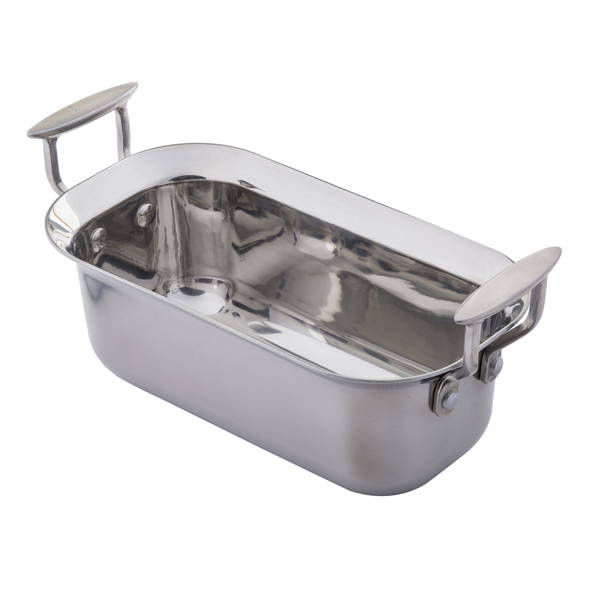 A shiny, rectangular Tri-Ply Serving Pan with rounded edges and two large, flat handles on each short side. Made of stainless steel with a reflective interior, it has a modern, sleek appearance. The background is plain white.