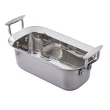 A shiny, rectangular Tri-Ply Serving Pan with rounded edges and two large, flat handles on each short side. Made of stainless steel with a reflective interior, it has a modern, sleek appearance. The background is plain white.