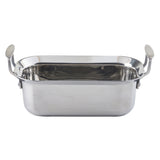 Rectangular Tri-Ply Serving Pan with rounded corners, high sides, and two large, flat, upward-curving handles. Made from stainless steel with a shiny finish, it’s induction compatible and sits empty against a plain white background.