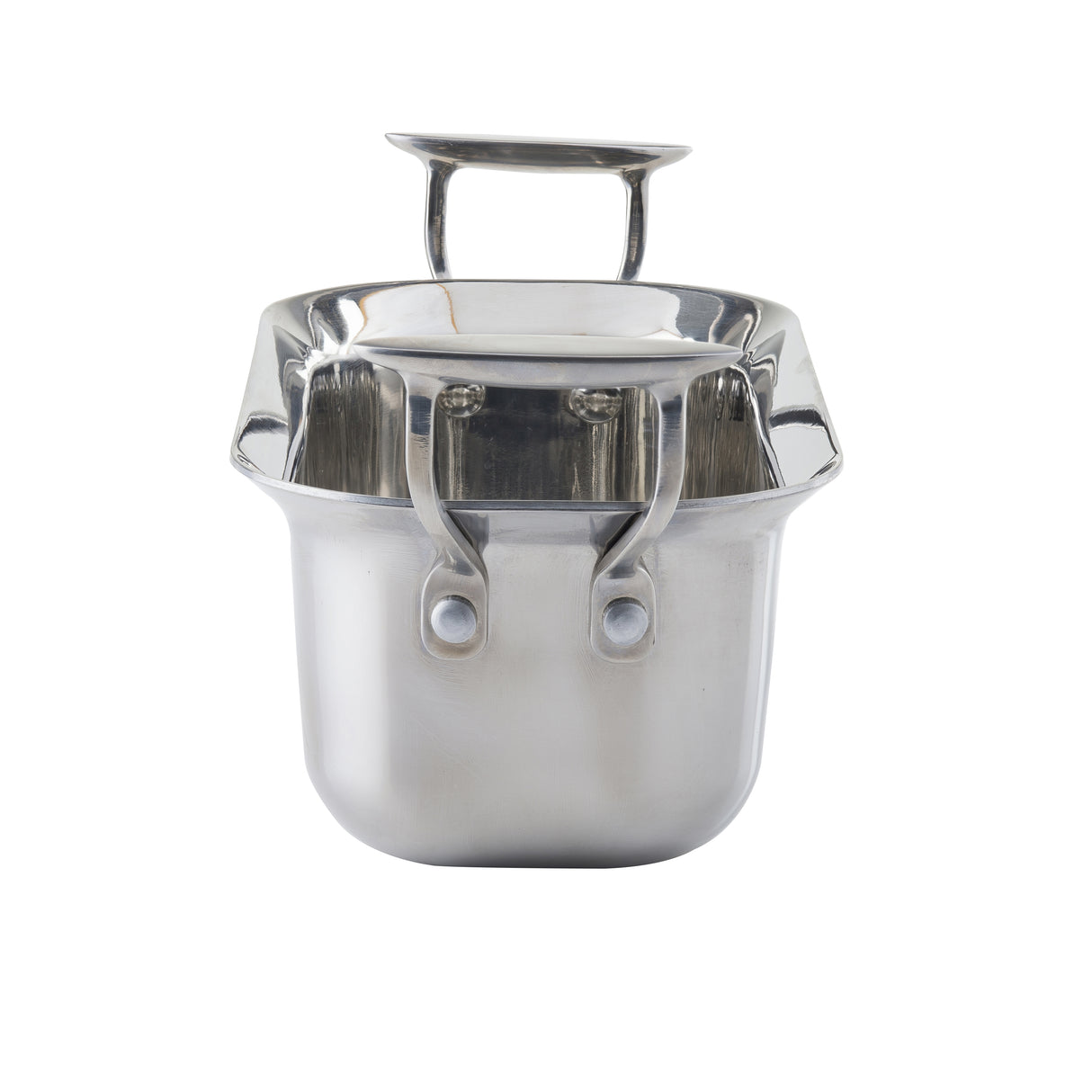 A shiny Tri-Ply Serving Pan with two riveted handles and an upright, flat-topped lid handle. The stainless steel pot is shown facing forward, with the lid slightly raised, reflecting light on its polished surface. Induction compatible.