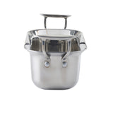 A shiny Tri-Ply Serving Pan with two riveted handles and an upright, flat-topped lid handle. The stainless steel pot is shown facing forward, with the lid slightly raised, reflecting light on its polished surface. Induction compatible.
