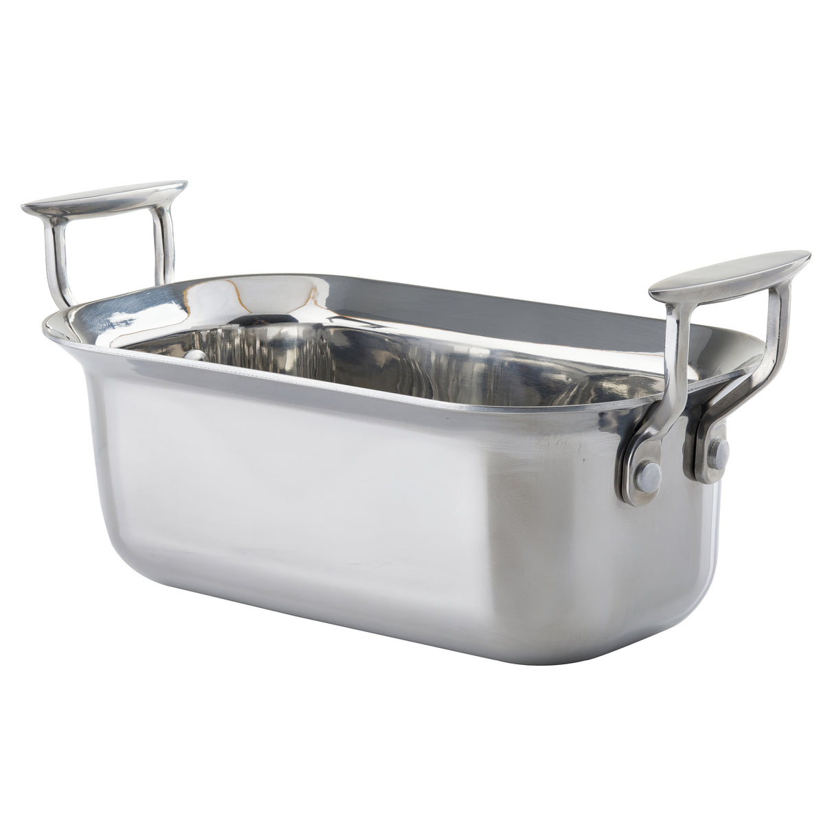 A shiny, rectangular Tri-Ply Serving Pan made of stainless steel with rounded edges and two large, upright handles. Its reflective surface and riveted handles give this induction-ready pan a sturdy, modern appearance.