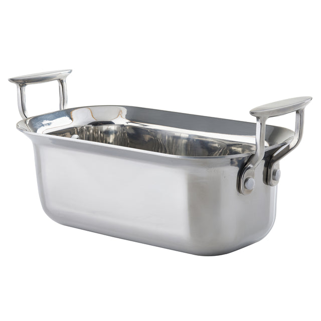 A shiny, rectangular Tri-Ply Serving Pan made of stainless steel with rounded edges and two large, upright handles. Its reflective surface and riveted handles give this induction-ready pan a sturdy, modern appearance.