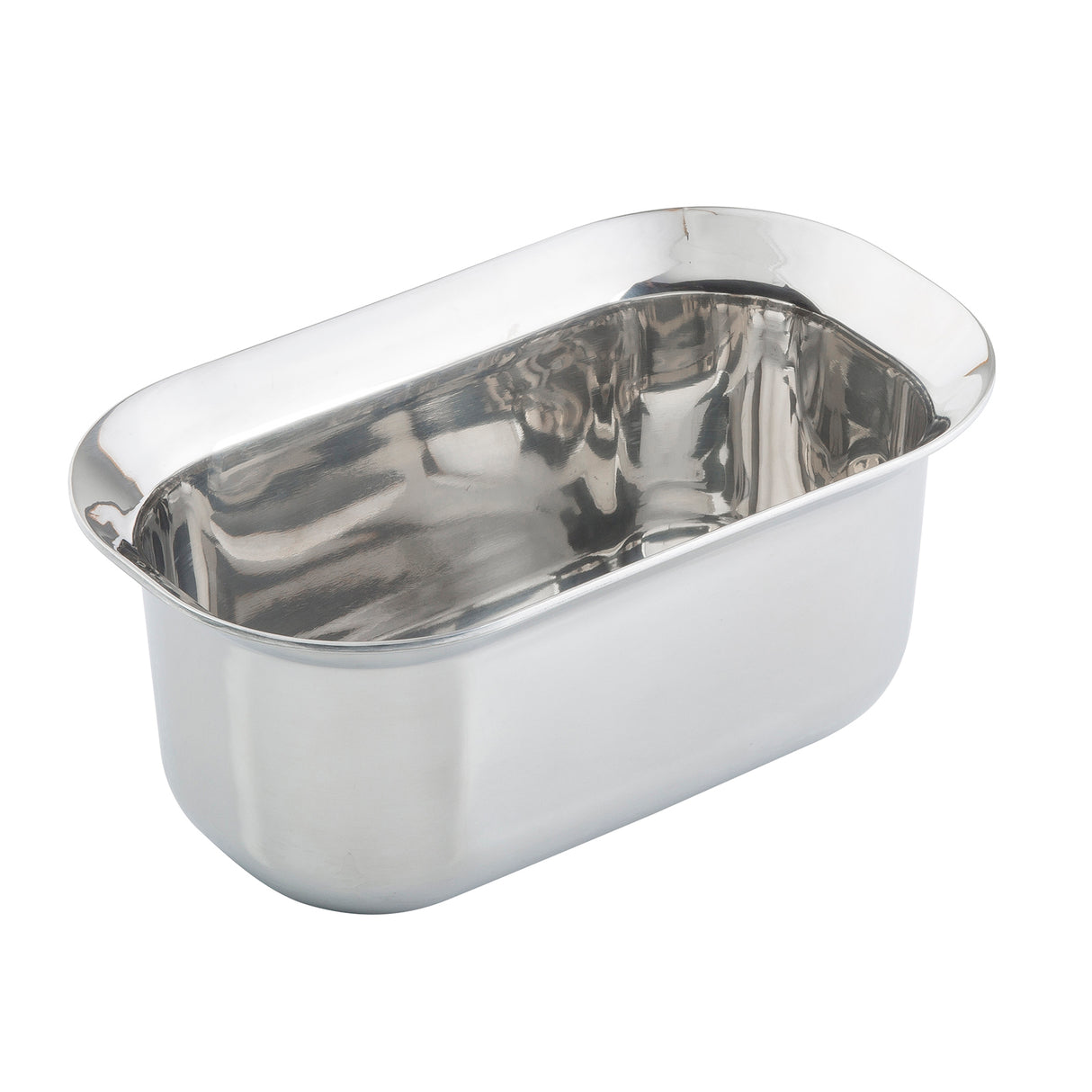 A shiny, rectangular tri-ply serving pan with rounded corners and smooth, reflective stainless steel surfaces. The basin has a wide rim and deep interior, suitable for medical or kitchen use, including induction cooking. Set against a plain white background.