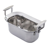 A shiny, oval-shaped Tri-Ply Serving Pan with two large, flat handles on either side. Made of stainless steel, its reflective surface and smooth, rounded edges make it both induction compatible and elegant against the white background.