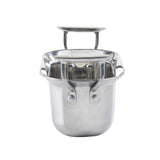 A shiny Tri-Ply Serving Pan with a matching lid and sturdy handles stands upright on a white background. Its modern, reflective stainless steel design is compatible with induction cooktops. The lid is placed upside down, handle clearly visible.