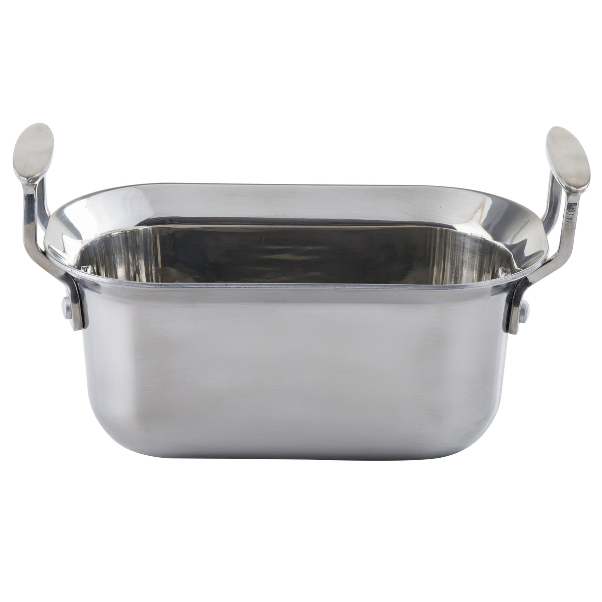 A shiny, rectangular Tri-Ply Serving Pan with rounded corners and two vertical, oval-shaped handles on each side. Crafted from stainless steel, it features a smooth, reflective surface and is induction compatible, shown against a plain white background.