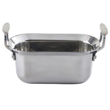 A shiny, rectangular Tri-Ply Serving Pan with rounded corners and two vertical, oval-shaped handles on each side. Crafted from stainless steel, it features a smooth, reflective surface and is induction compatible, shown against a plain white background.