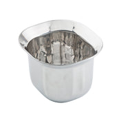 A shiny, stainless steel kidney dish with a shallow, curved, kidney-shaped design. Reminiscent of a Tri-Ply Serving Pan, its smooth rounded edges and reflective surface rest on a plain white background. The dish is empty.
