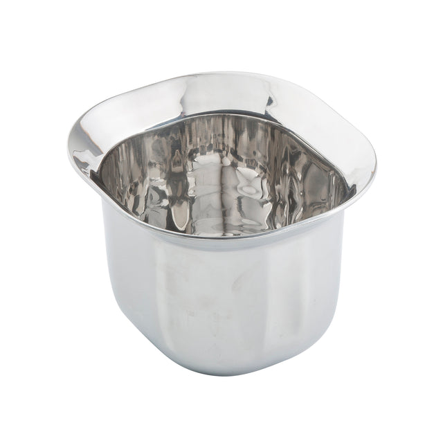 A shiny, stainless steel kidney dish with a shallow, curved, kidney-shaped design. Reminiscent of a Tri-Ply Serving Pan, its smooth rounded edges and reflective surface rest on a plain white background. The dish is empty.