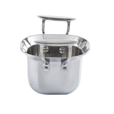 A shiny Tri-Ply Serving Pan with a rounded bottom and two handles on each side. The lid is upright, balanced on the rim, revealing the stainless steel interior, all set against a plain white background—perfect for induction cooktops.