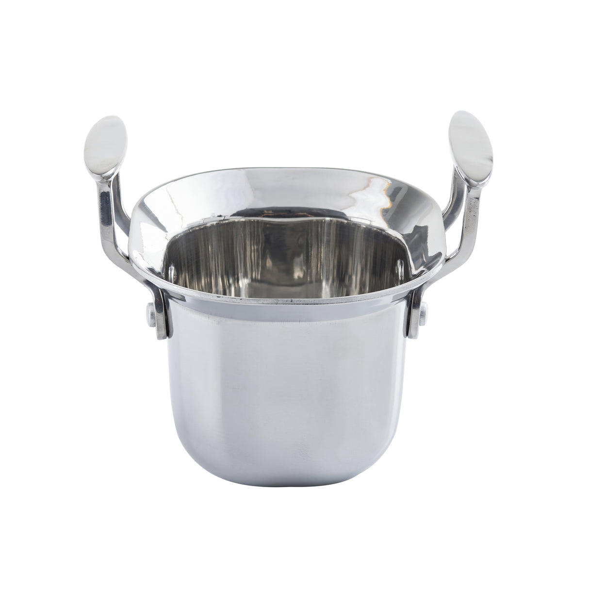 A shiny, stainless steel ice bucket with a rounded base and two large, curved handles on each side. The induction-ready bucket is empty, with hinged handles rising above the rim, and is photographed on a white background.