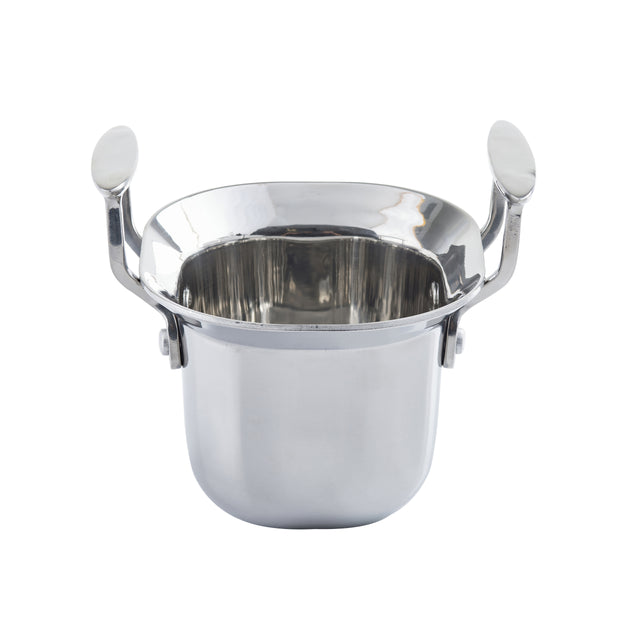 A shiny, stainless steel ice bucket with a rounded base and two large, curved handles on each side. The induction-ready bucket is empty, with hinged handles rising above the rim, and is photographed on a white background.