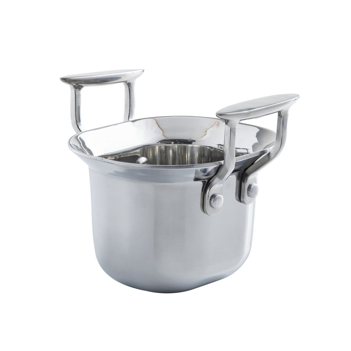 A shiny, Tri-Ply Serving Pan with a wide, flared rim and two large, rectangular handles. Crafted from stainless steel, this pot boasts a smooth, reflective surface and is induction compatible. Photographed against a white background.
