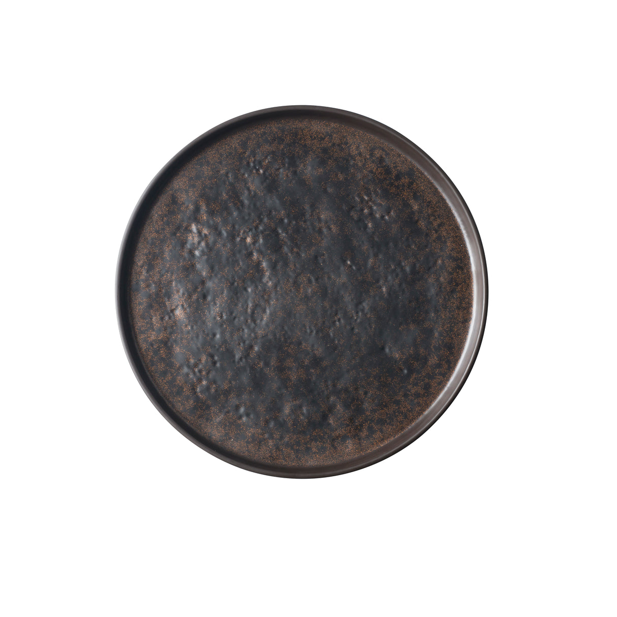 A round, dark ceramic plate from the Lunara Collection platter, viewed from above. The plate has a slightly raised rim and a textured, mottled surface in shades of dark brown and black, giving it a rustic, handcrafted appearance against a plain white background.