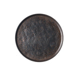 A round, dark ceramic plate from the Lunara Collection platter, viewed from above. The plate has a slightly raised rim and a textured, mottled surface in shades of dark brown and black, giving it a rustic, handcrafted appearance against a plain white background.