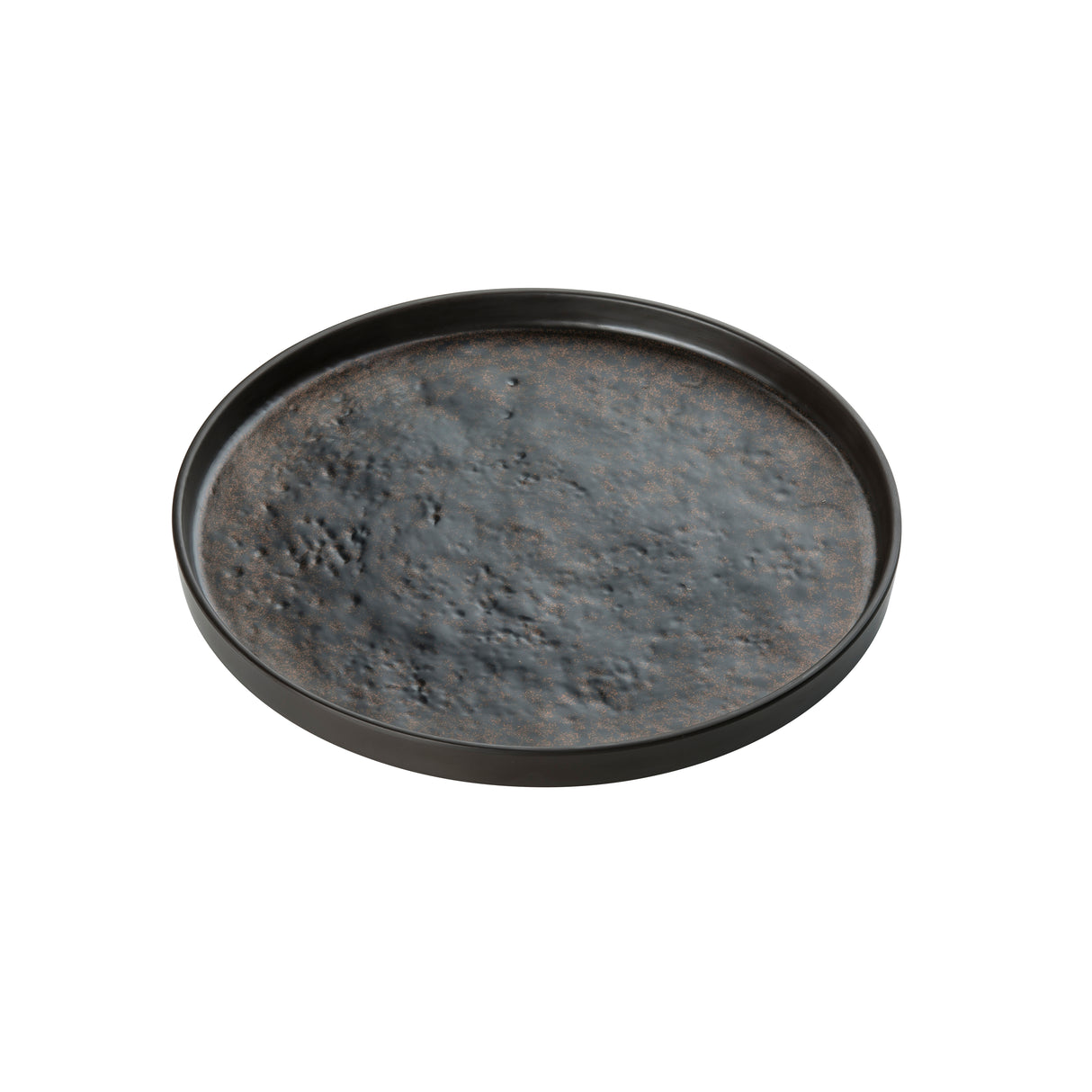 A round, shallow black melamine tray from the Lunara Collection by TableCraft Products, featuring slightly raised edges and a textured, uneven surface resembling hammered metal. The tray sits on a plain white background with no other objects present.