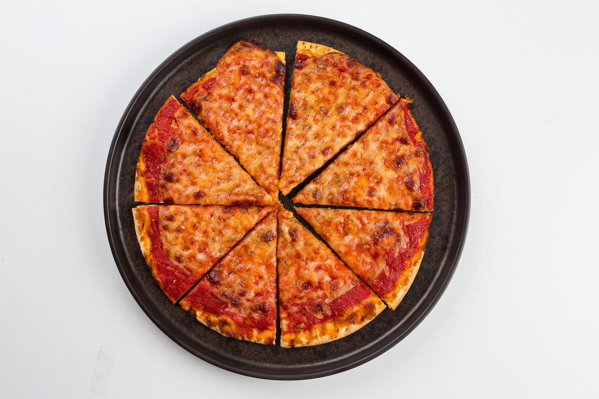 A whole cheese pizza, sliced into eight even pieces, sits on a dark Lunara Collection platter by TableCraft Products against a plain white background. The pizza has a golden-brown crust, visible tomato sauce, and melted, lightly browned cheese on top.