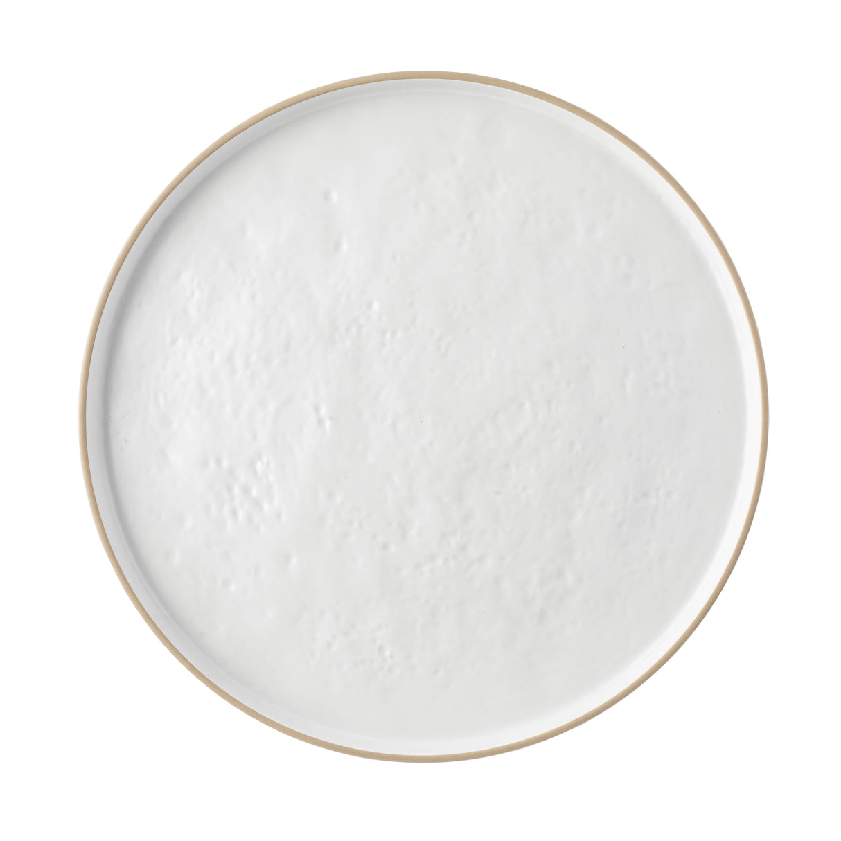 A round, shallow beige bowl filled with plain, smooth white yogurt sits atop a melamine serving tray. Viewed from above, the yogurt’s even surface has a few small bubbles and slight texture variations visible.