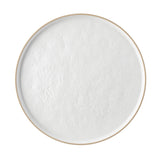A round, shallow beige bowl filled with plain, smooth white yogurt sits atop a melamine serving tray. Viewed from above, the yogurt’s even surface has a few small bubbles and slight texture variations visible.
