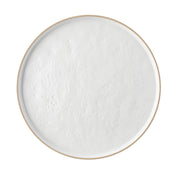 A round, shallow beige bowl filled with plain, smooth white yogurt sits atop a melamine serving tray. Viewed from above, the yogurt’s even surface has a few small bubbles and slight texture variations visible.