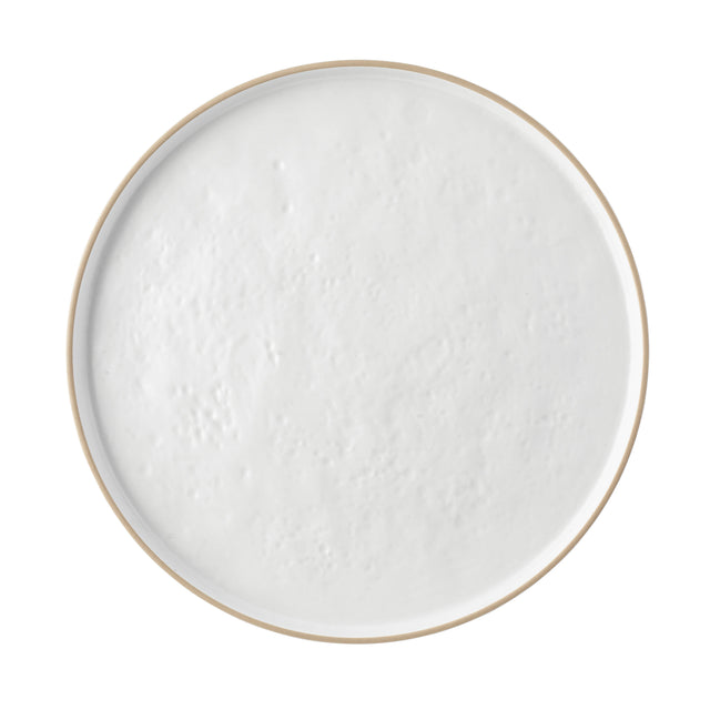 A round, shallow beige bowl filled with plain, smooth white yogurt sits atop a melamine serving tray. Viewed from above, the yogurt’s even surface has a few small bubbles and slight texture variations visible.