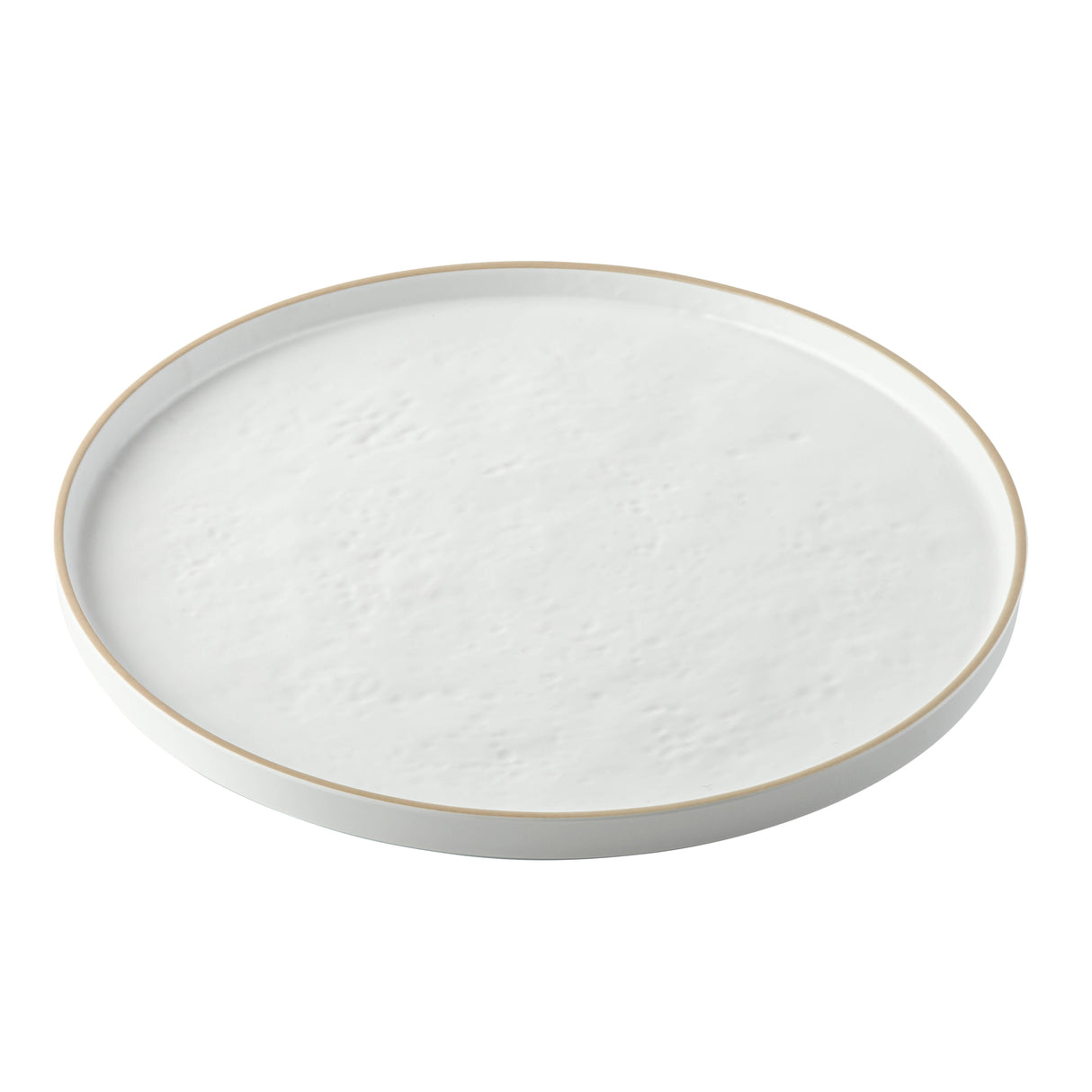 A round white melamine serving tray with a slightly raised rim and a thin beige-gold edge. The smooth, subtly textured surface adds elegance, making this Europa Collection Serving Tray perfect for stylish presentations. Photographed on a plain white background.