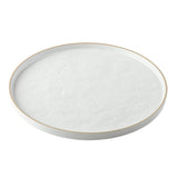 A round white melamine serving tray with a slightly raised rim and a thin beige-gold edge. The smooth, subtly textured surface adds elegance, making this Europa Collection Serving Tray perfect for stylish presentations. Photographed on a plain white background.