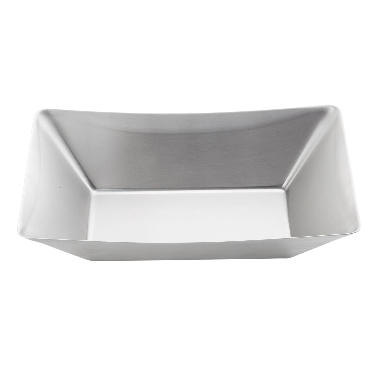 A rectangular, silver-colored Better Burger Fry Tray with sharp, angled sides and a smooth, matte finish. This modern, minimalist stainless steel fry tray is dishwasher safe and photographed against a plain white background.