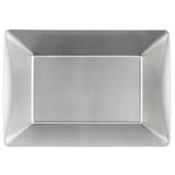 A rectangular Better Burger Fry Tray with raised, slightly angled edges and a smooth, brushed stainless steel surface is photographed from above against a white background. The tray is empty, features clean modern lines, and is dishwasher safe.