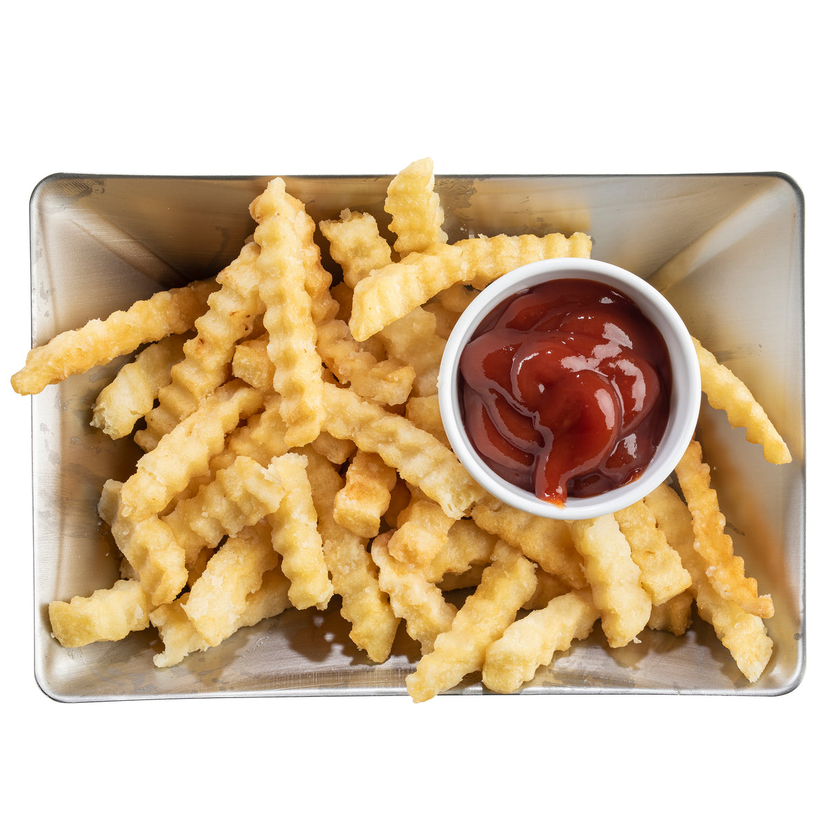 A rectangular stainless steel fry tray filled with golden, crinkle-cut French fries sits on a white background. A small white cup of ketchup rests in the corner. The Better Burger Fry Tray is durable and dishwasher safe.