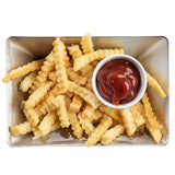 A rectangular stainless steel fry tray filled with golden, crinkle-cut French fries sits on a white background. A small white cup of ketchup rests in the corner. The Better Burger Fry Tray is durable and dishwasher safe.