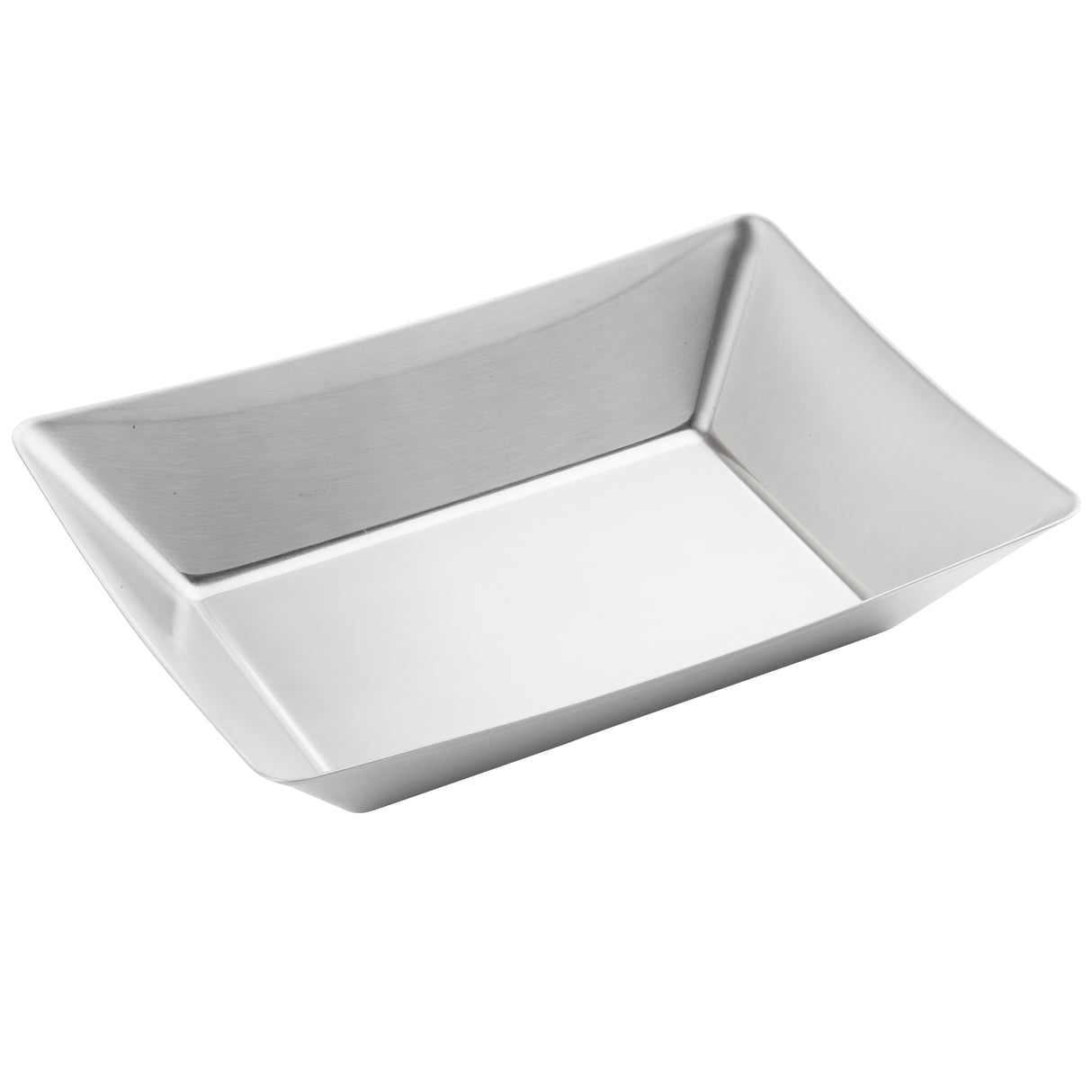 A rectangular, shallow stainless steel fry tray with smooth edges and a brushed metal finish. Part of the Better Burger Collection, the dish is empty and photographed on a white background, highlighting its depth and modern design.