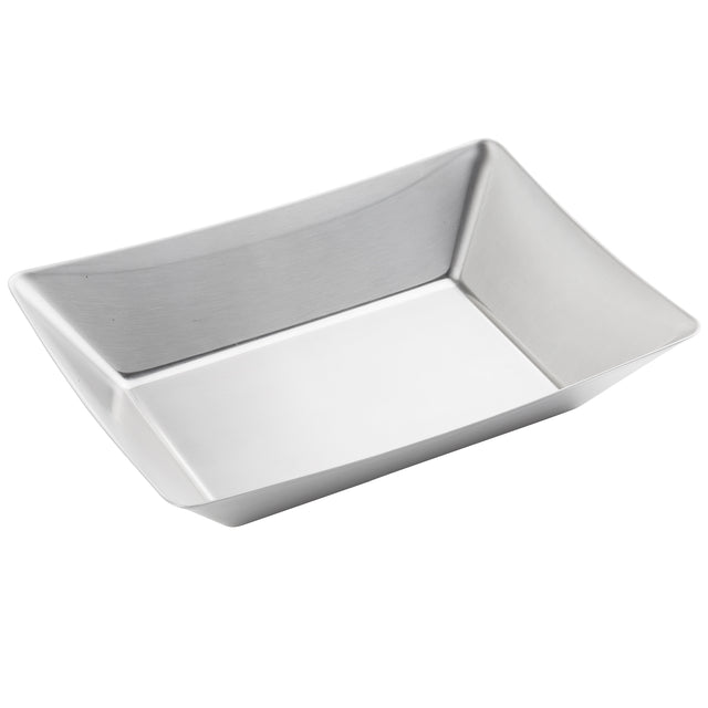 A rectangular, shallow stainless steel fry tray with smooth edges and a brushed metal finish. Part of the Better Burger Collection, the dish is empty and photographed on a white background, highlighting its depth and modern design.