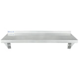 A stainless steel NSF wall mount storage shelf with a backsplash and two sturdy triangular brackets for support. The shelf is labeled Empura on the left side and features a clean, smooth surface ideal for kitchens or storage use.